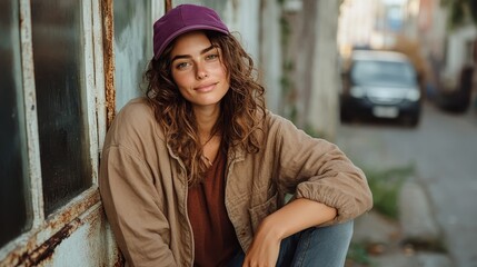 A stylish young woman leans against an urban backdrop, radiating confidence and charm, showcasing her unique fashion sense with an effortless attitude.