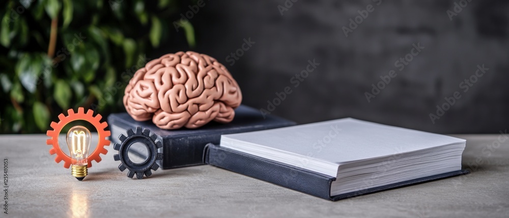 Poster gray and brown brain model with gears and lightbulb on a table