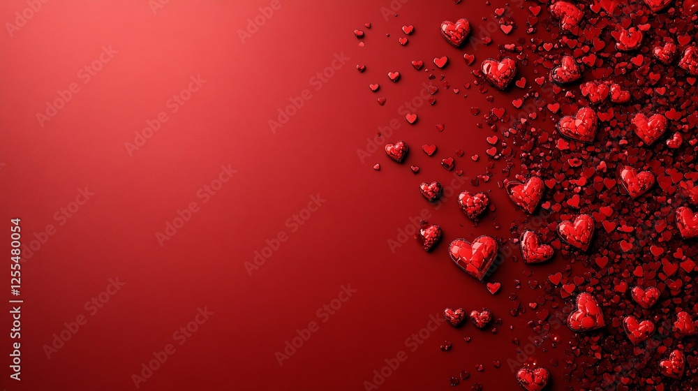 Poster a vibrant red background scattered with various sizes of heart shapes, creating a romantic and festi