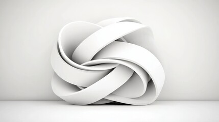 Abstract White Sculpture with Curved Ribbons Displayed Against a Neutral Background