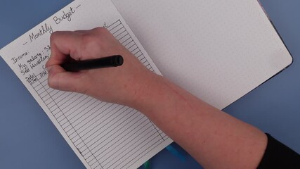 Open daily planner notebook on desk, with neatly handwritten organized Monthly Budget tracking. With dates, categories and expenses. Personal finance management, spending and budgeting habits concept.