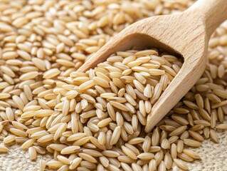 A wooden scoop of brown rice grains. Featuring the texture and natural color of the rice. Emphasizing whole grains and healthy eating. Ideal for health food blogs and organic product advertisements.