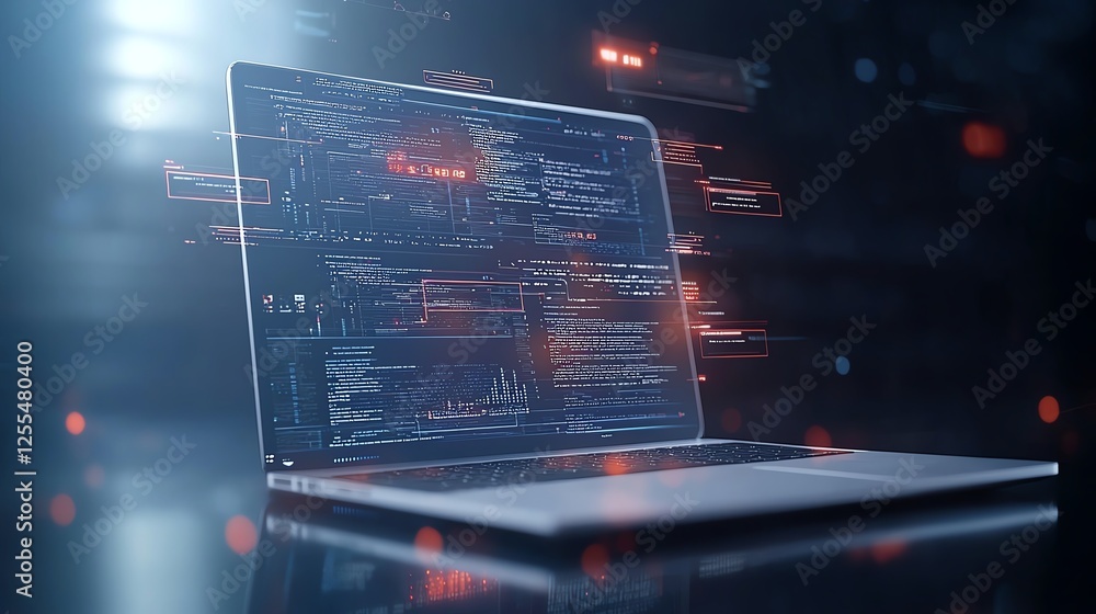 Aufkleber a modern laptop showing complex code and data analysis on its screen, symbolizing advancements in te