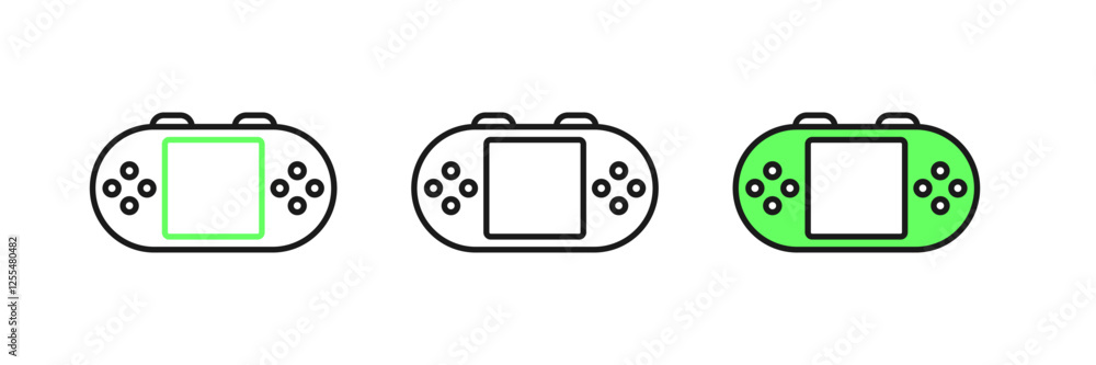 Poster set line portable video game console icon isolated on white background. handheld console gaming. vec