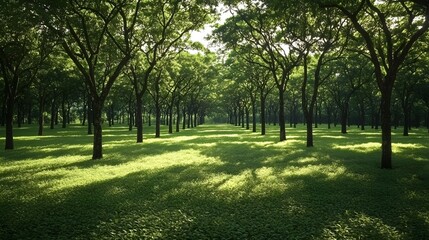 Fototapeta premium Serene Green Forest Canopy Sunlight Filtering Through Trees Casting Shadows on Verdant Ground