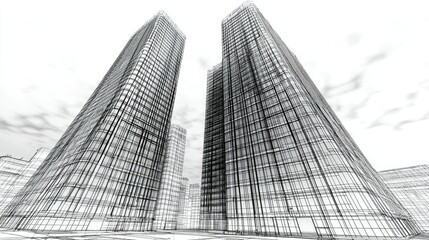 Fototapeta premium Architectural Wireframe Rendering of Two Modern Skyscrapers