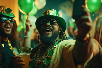 Group of diverse friends enjoying at party in the bar and taking selfie with smart phone. People partying and celebrating St. Patrick’s Day at night club.