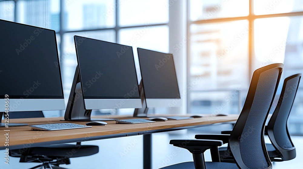 Aufkleber a modern office workspace featuring sleek desktop computers and ergonomic chairs positioned near lar