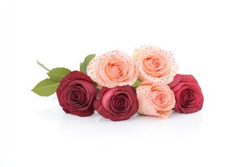 A vibrant arrangement of roses in shades of pink and red on a white background