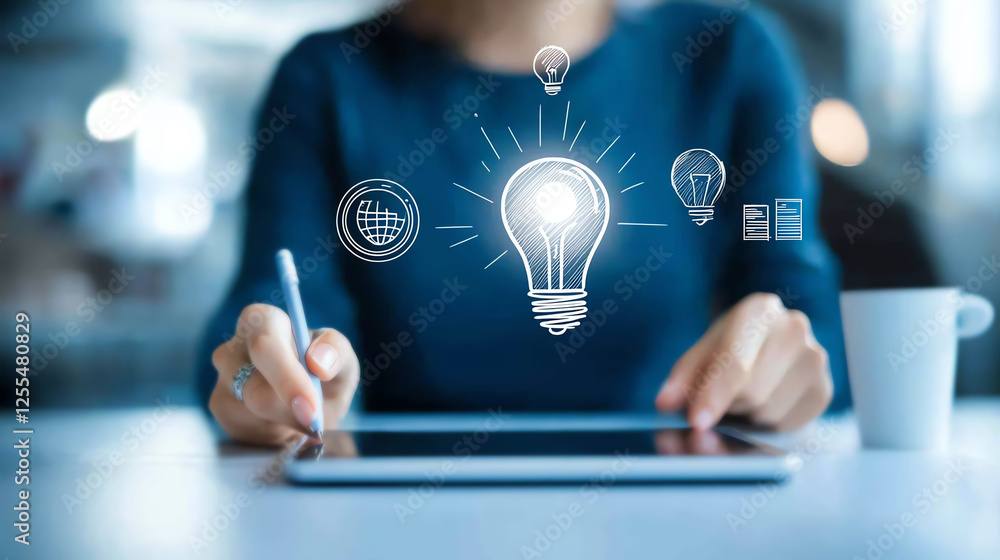 Poster a person working on a tablet with various icons symbolizing ideas and innovation. the image represen