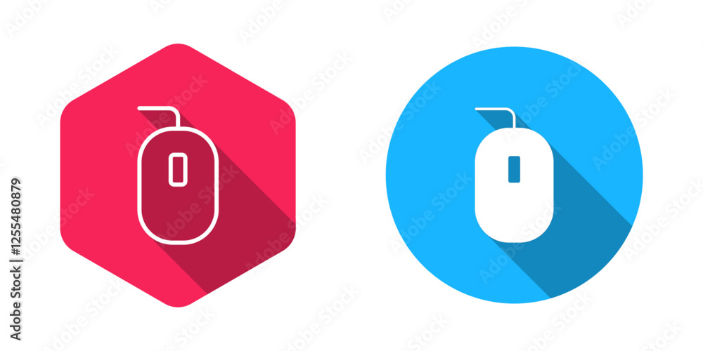 Poster filled and outline computer mouse gaming icon isolated with long shadow background. optical with whe