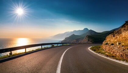 mediterranean sea coast road into mountains horizon in summer with beautiful bright sun rays