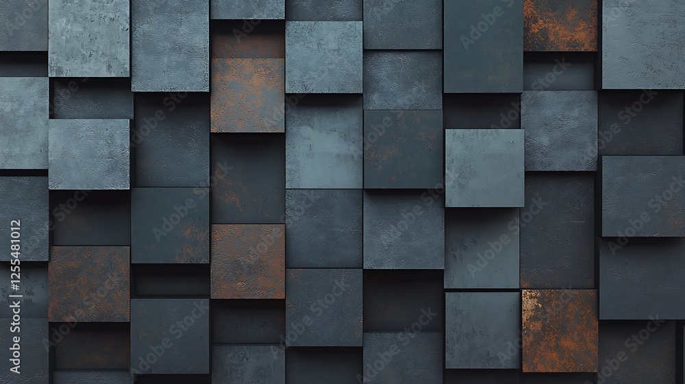 Poster a textured wall featuring a patchwork of dark and rusty square tiles, creating a visually striking a