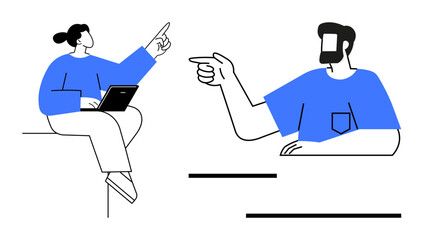 Two people pointing while one uses a laptop, portraying teamwork, discussion, and decision-making. Ideal for business, collaboration, remote work, communication, teamwork digital interaction