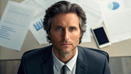 Naklejka premium A business professional sitting at his desk, with a serious expression and looking directly at the camera. The image captures the stress and pressure of the corporate world.