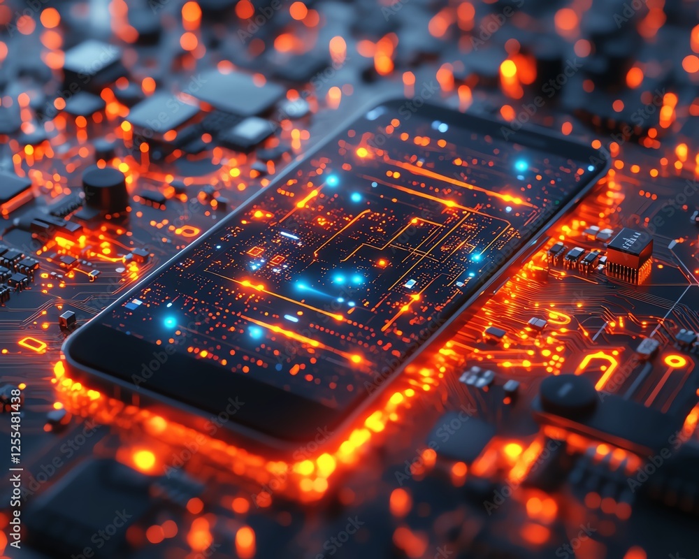 Aufkleber Digital illustration of a smartphone on a circuit board with a mobile app UIUX interface displayed in the center, futuristic design, glowing circuits, ultradetailed, 8K UHD