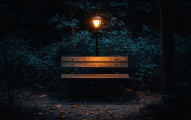 Lonely wooden bench under a glowing streetlamp in a dark, mysterious forest at night.