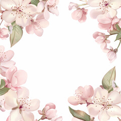 Obraz premium Floral border design with pink cherry blossoms and green leaves on a white background