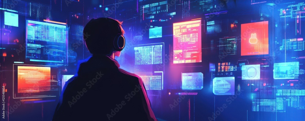 Poster young male analyzing data streams on multiple screens in futuristic setting