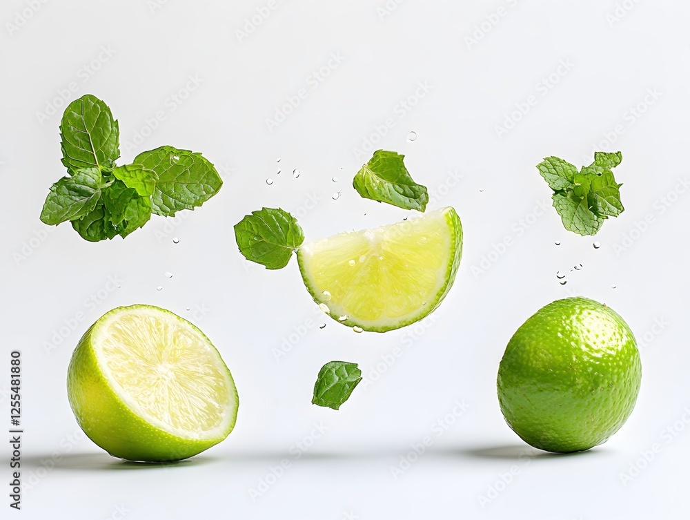 Poster fresh lime and mint leaves floating in a refreshing composition on a clean white backdrop