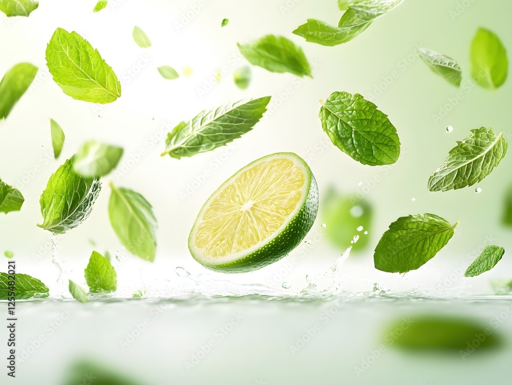 Poster fresh lime slice and mint leaves falling into water creating a refreshing splash scene