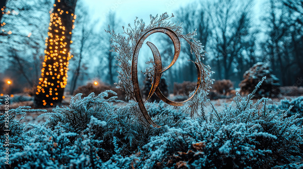 Poster frost-covered landscape with illuminated trees and abstract sculpture in a winter park setting