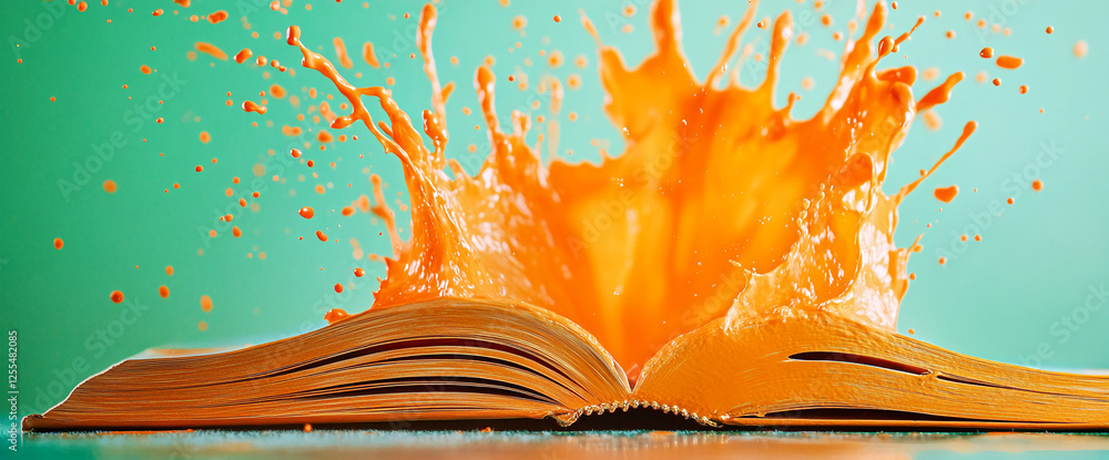 Poster a creative image of an open book with orange liquid splashing from the pages, symbolizing imaginatio
