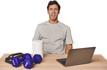 Hispanic trainer planning workout funny and friendly sticking out tongue.