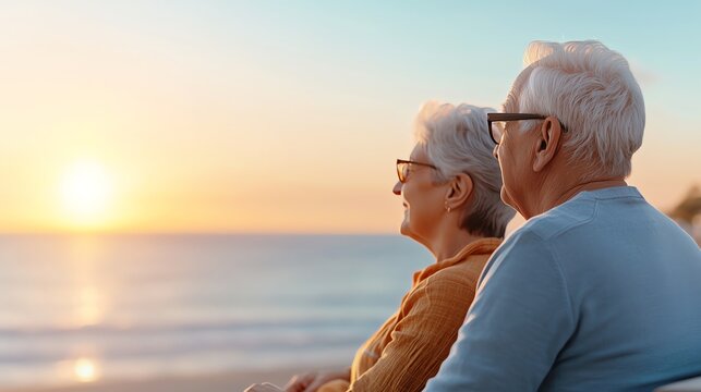 An elderly couple enjoying a serene sunset by the beach. They share a moment of connection and tranquility, embodying love and companionship in a picturesque coastal setting. - Powered by Adobe