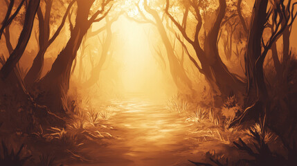 serene forest path illuminated by warm golden light, surrounded by trees and foliage