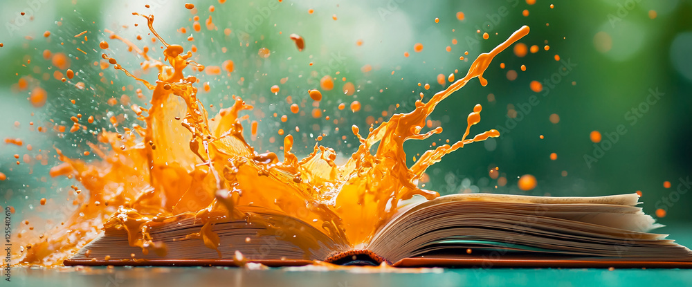 Poster a creative image of an open book with orange liquid splashing from its pages, symbolizing creativity