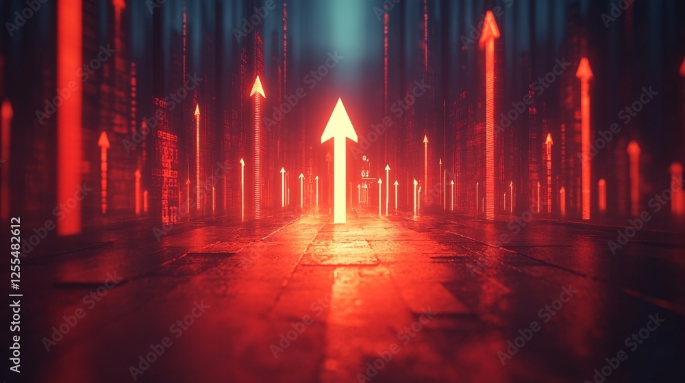 Poster a futuristic scene featuring glowing red arrows pointing upwards in a dark environment, creating a s