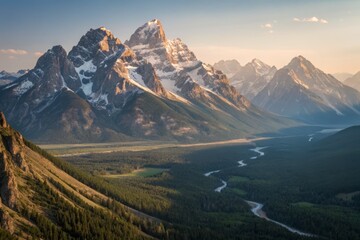 Fototapeta premium Majestic Mountains Chew Sunlit Valley: Aerial Photography of Nature's Jaw-Crushing Power