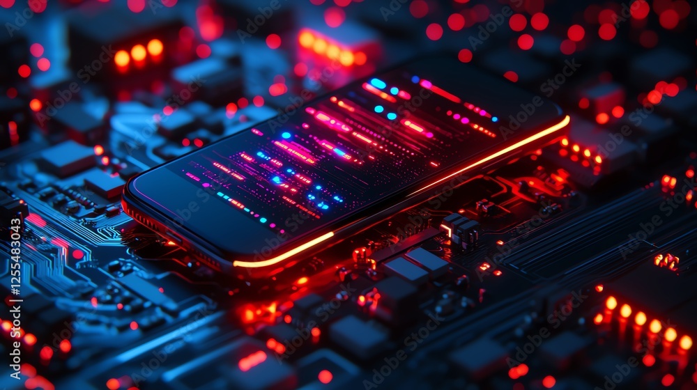 Poster a smartphone on a circuit board with an interactive mobile app uiux interface displayed on screen, g