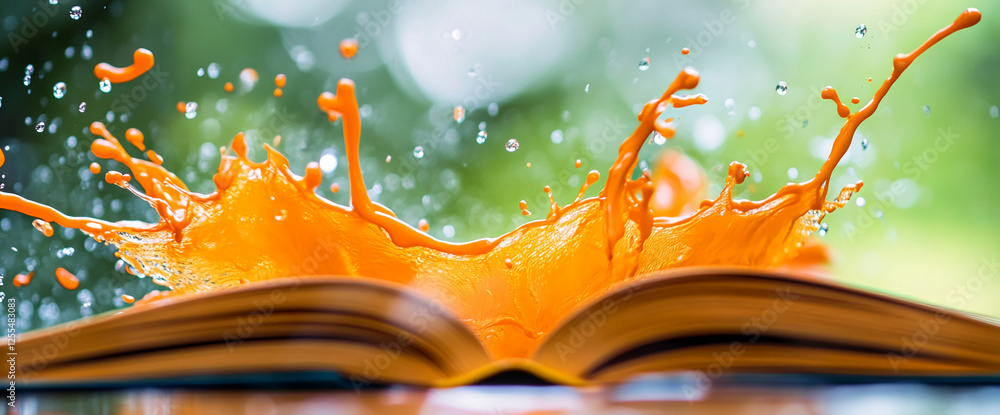 Poster an open book with vibrant orange liquid splashing from its pages, symbolizing creativity, imaginatio