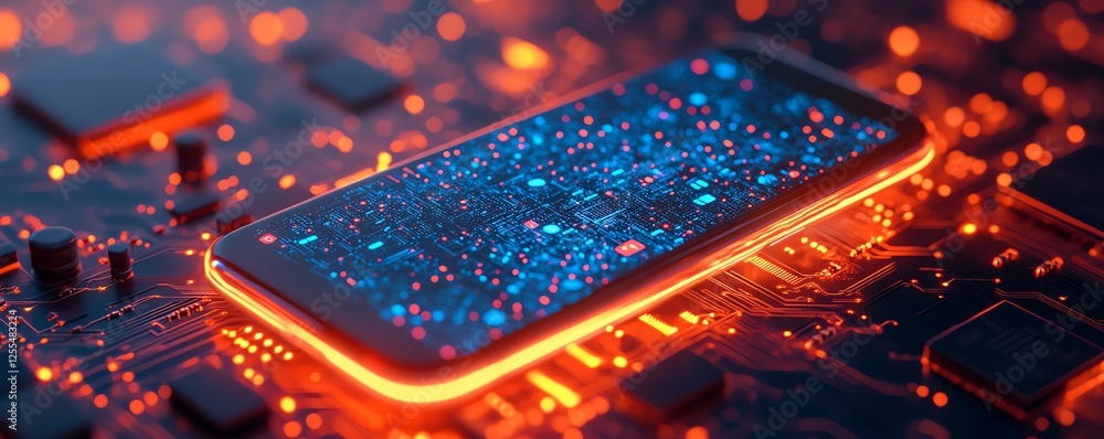 Poster a smartphone resting on a circuit board, with a modern mobile app uiux displayed on the screen, glow