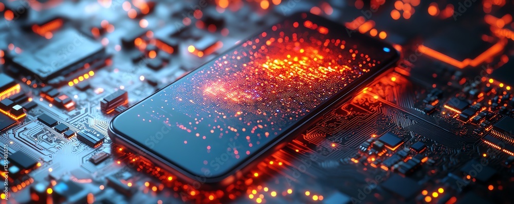 Poster a smartphone resting on a circuit board, with a modern mobile app uiux displayed on the screen, glow