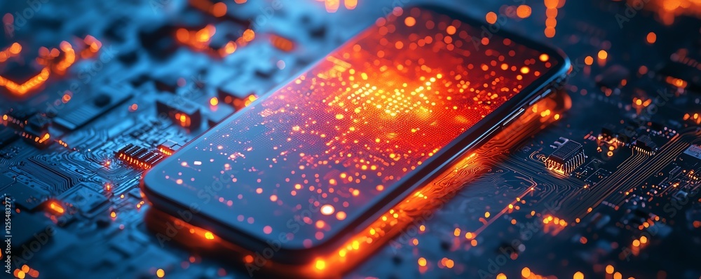 Poster a smartphone resting on a circuit board, with a modern mobile app uiux displayed on the screen, glow