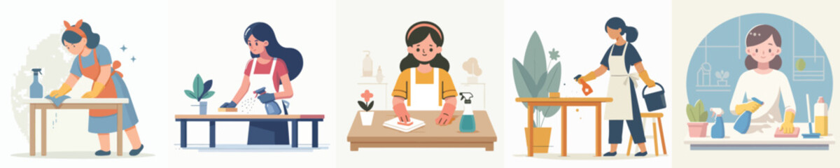vector set of women cleaning the table