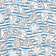Summer tropical seamless pattern with shells and waves. Trendy hand drawn minimal art background. Surface cover design. Fabric textile print.