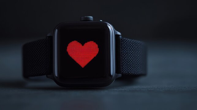 Innovative Black Smartwatch Displaying Heart Rate Reading on Glowing Screen in a Dark Background for Health and Fitness Technology