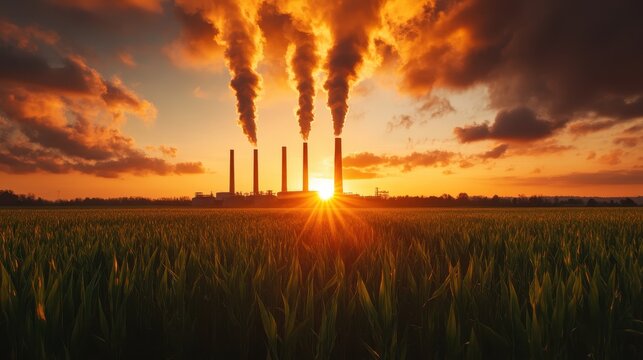 Silhouetted smokestacks of a power plant rising against a vibrant sunrise, emitting smoke that mingles with clouds, representing industrialization and environmental impact.