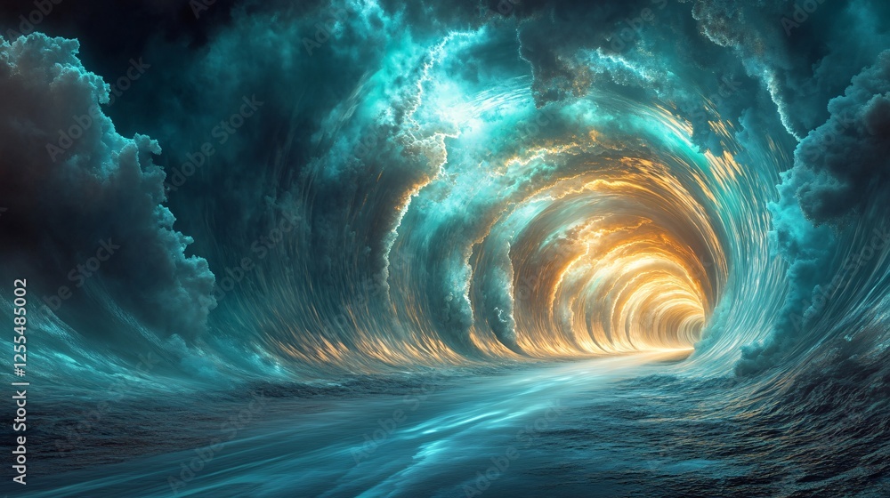 Poster a mesmerizing oceanic scene depicting a swirling tunnel of vibrant waves illuminated by golden light