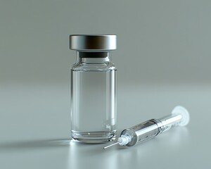 Closeup view of a glass vial with a metal lid and syringe lying next to it, clear liquid visible, medical equipment on a clean surface, ultradetailed, 8K resolution