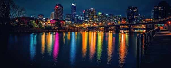 Fototapeta premium Vibrant night skyline reflection over serene river in urban cityscape