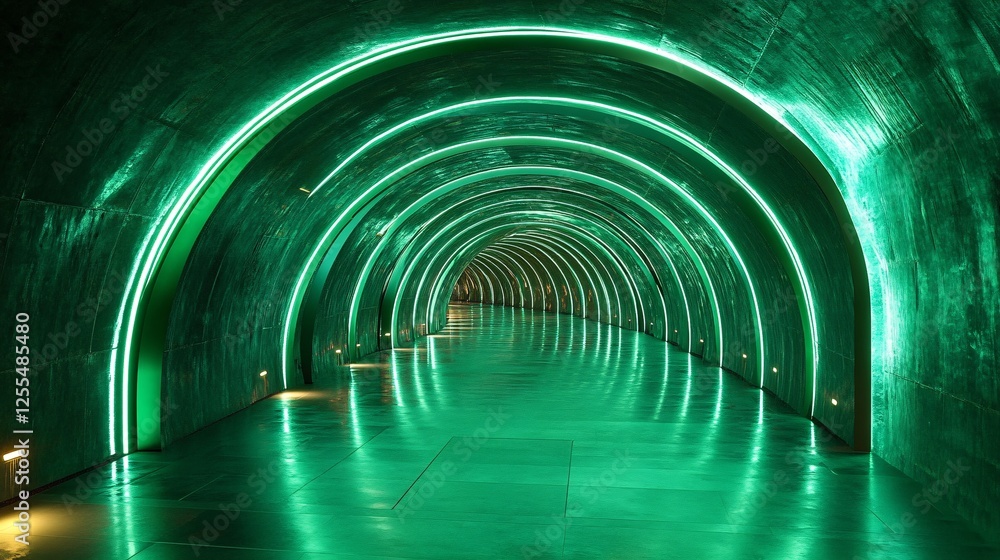 Poster a glowing green tunnel with circular lights, creating an intriguing and modern atmosphere.