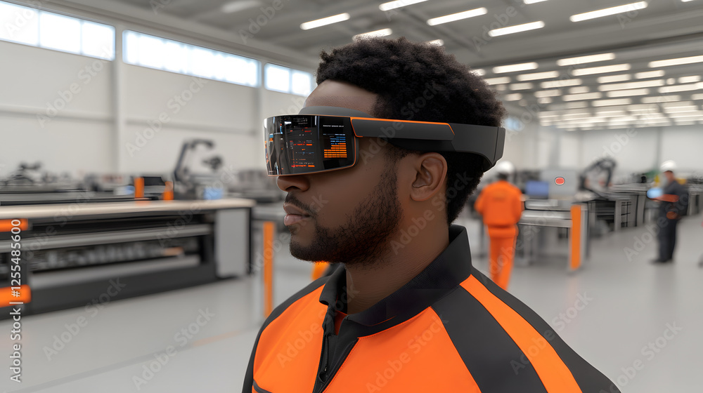 Poster man using virtual reality headset engaged in digital transformation experience