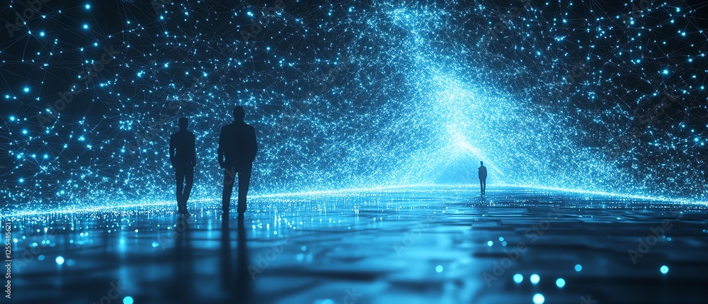 Poster Tiny professional figures analyzing a vast digital network, glowing blue interconnected lines symbolizing global business structure, hightech, hyperrealistic, ultraHD, 8K