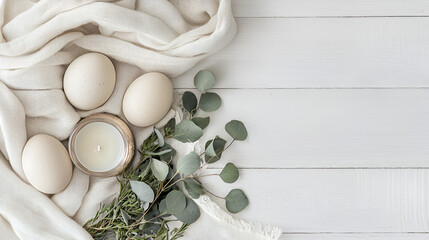 Still life with eggs, candle, and eucalyptus branches arranged on a white textured cloth and wooden surface.