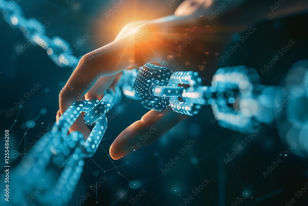 Aufkleber chain link unlocking with a hand showcasing digital technology in a futuristic setting